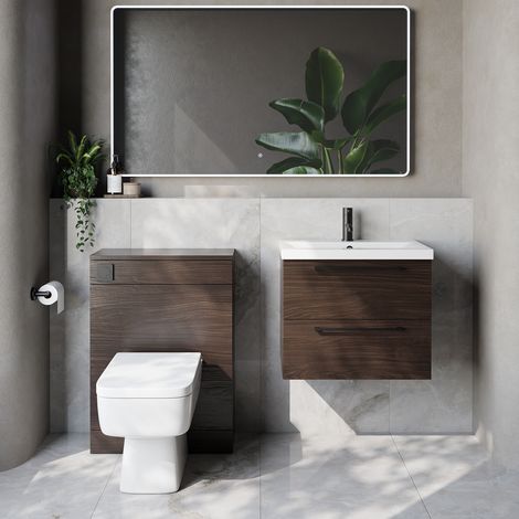 Napoli 390 Cento Brown Oak 1200mm Wall Mounted 2 Drawer Vanity Unit and Toilet Suite with Glide Basin - 1200mm - Matt Black 320mm HandleWith Kingston Toilet Pan and Seat