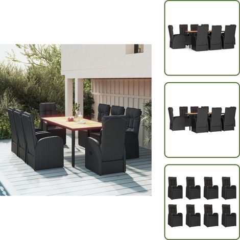 9-tlg. Garten-Essgruppe mit Kissen Schwarz Poly Rattan - Gartensessel - Gartenmöbel - Outdoor Möbel - Esstisch - Essgruppe