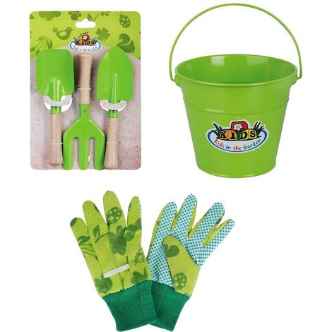 Kit petit jardinier accessoires pour enfant en métal Seau + gants + petits outils (1/4)