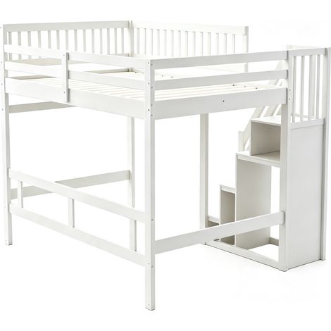 Hochbett 140 x 200 cm weiß mit Stauraumtreppe und hohem Geländer MODENUIT (1/5)