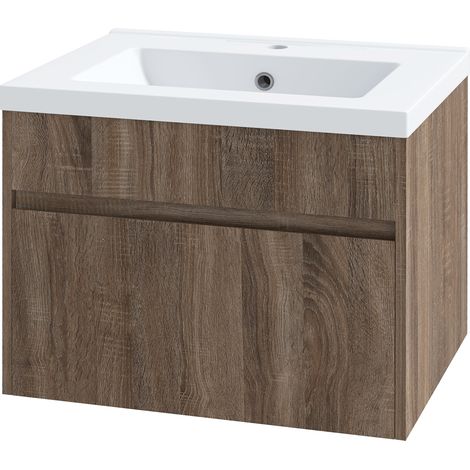 Meuble Lavabo de 60cm avec Lavabo en Céramique, Meuble de Bain Suspendu en Bois avec Tiroir Soft Close, Bois Clair (1/5)