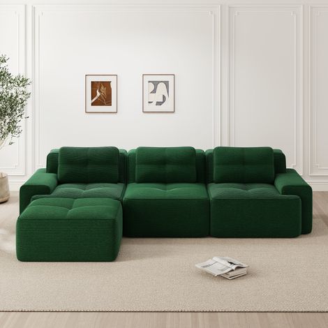 Canapé Modulaire 3 Places, Velours Côtelé - Canapé d‘Angle avec Pouf, Confort Moelleux Sans Structure Rigide - Vert (1/5)