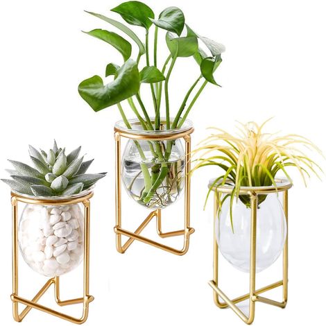 Halter für Luftpflanzen, goldenes Metall, Heimdekoration, 3er-Set, geometrische Mini-Terrarien, Glasvase, Tillandsia-Ausstellungsständer für Frauen, Hydrokulturvasen fürs Büro (hoher goldener Blumento