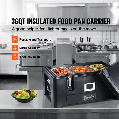 Coffre isotherme transport nourriture 36L empilable avec 3 bacs inox, caisson LLDPE chargement dessus poignées latérales et fermoirs, pour resto cantine, noir (1/5)