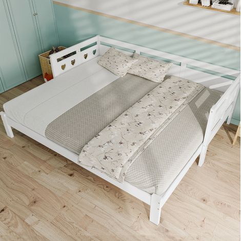 Letto da giorno estraibile 196x98-187x66 cm bianco in pino massello con schienale a cuore