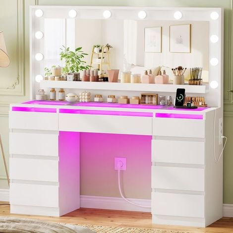 TEENFON Coiffeuse avec plateau en verre - LED réglable - station de charge - 9 tiroirs, 107×40×140 cm, Blanc