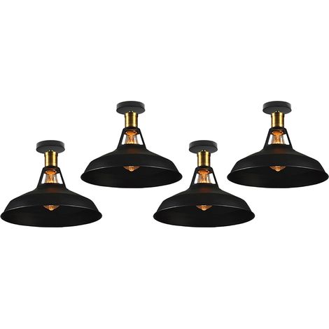 Lampe de Plafond 27cm Plafonnier Industrielle Vintage Fer Abat-jour Luminaire Couloir Balcon Escalier Noir 4 Pack