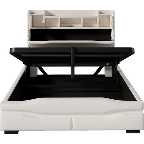 Lit coffre 140x200 cm en lin beige avec LED, prise USB et rangement hydraulique (1/5)