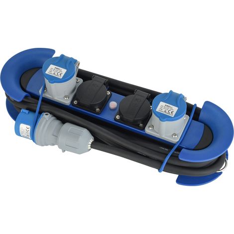 Bloc Multiprise Outdoor, Fiche CEE,2 Prises Schuko + 2 CEE IP44,avec 2 crochets + serre-câbles élastiques,Câble H07RN-F 3G2.5 ,5M