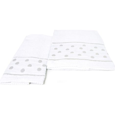 Set Asciugamano Copiola Salvietta Bagno In Spugna 100% Cotone Mod Pois Bianco (1/5)