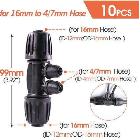 (16 mm à 1/4 pouce - 4 voies - 1/2 pouce) 10 raccords de tuyau PE 16 mm à verrouillage, 4/6 voies, pour tuyau d'arrosage, té et répartiteur d'eau (1/5)