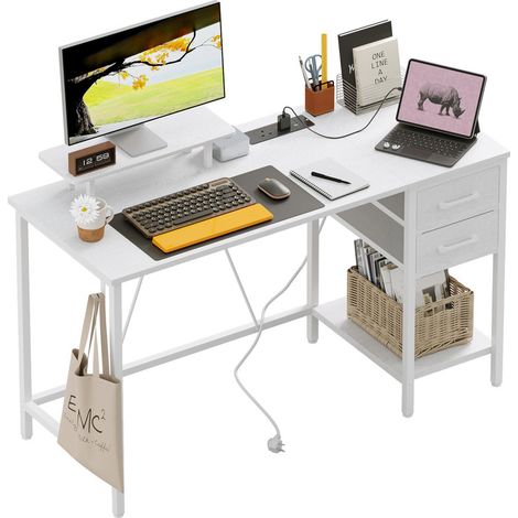 Desk with Drawers and Power Outlets, Reversible Office Desk with Storage Monitor Stand, Small Computer Desk for Home Office & Bedroom (1/5)