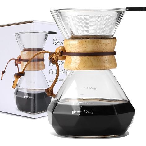 Verser Over Cafetière avec Filtre en Acier Inoxydable Réutilisable, Carafe à Café en Verre Borosilicaté, Collier en Bois, Cafetière Manuelle, Peut Contenir, 400ML 2Tasses (1/5)