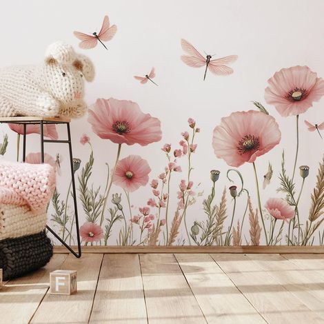 Stickers muraux motif coquelicots roses pour chambre de fille, chambre d'enfant, salon (1/4)