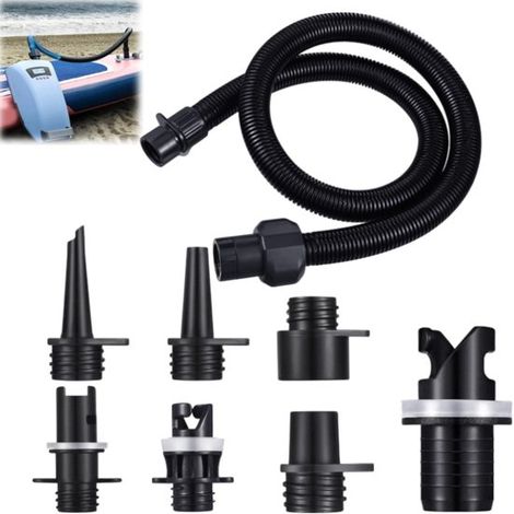 Kit de 7 pièces pour pompe à air SUP : adaptateur, valve, tuyau et accessoires de gonflage. Compatible avec planches de SUP, kayaks et canapés gonflables. Noir. (1/5)