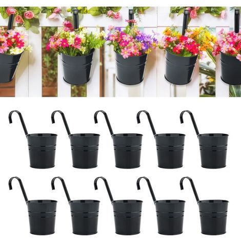 Set mit 10 hängenden Metallblumentöpfen – für Zaun oder Balkon – mit abnehmbarem Haken, Schwarz (1/5)
