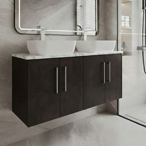 Hudson Reed Juno Wall Hung 4-Door Vanity Unit with Carrera Marble Worktop 1200mm Wide - Metallic Slate (1/4)