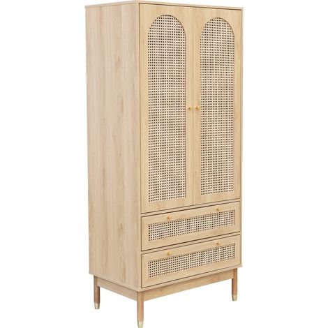 Sweeek – Dressing penderie 2 portes 2 tiroirs en cannage – Finitions dorées – Dimensions 80 x 50 x 180 cm – Penderie en acier robuste