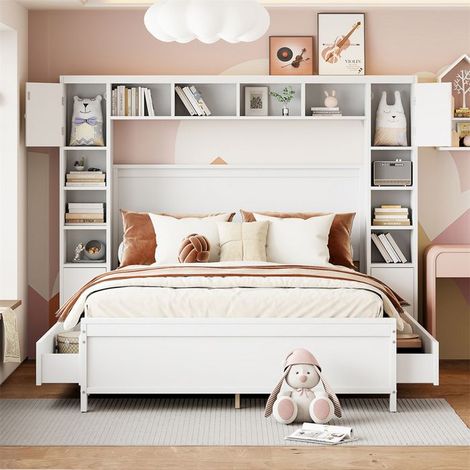 Lit coffre 140x200 cm en bois massif blanc avec sommier à lattes et 4 tiroirs - 2 places (sans matelas)