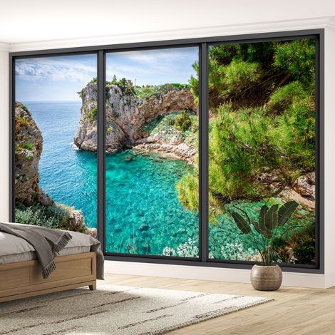 Papier peint panoramique Trompe l'oeil baie vitrée - Vue mer - 195 cm x 117 cm (1/5)