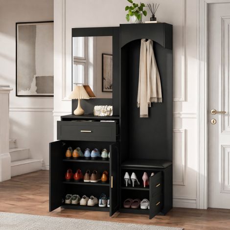 CHICFURN Recibidor 110x33x185,5 cm de MDF negro con espejo y banco zapatero (1/5)