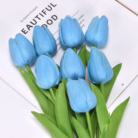 Lot de 10 tulipes artificielles 34 cm pour intérieur ou extérieur, décoration de mariage, cuisine, bureau, café, maison (Bleu) (1/4)