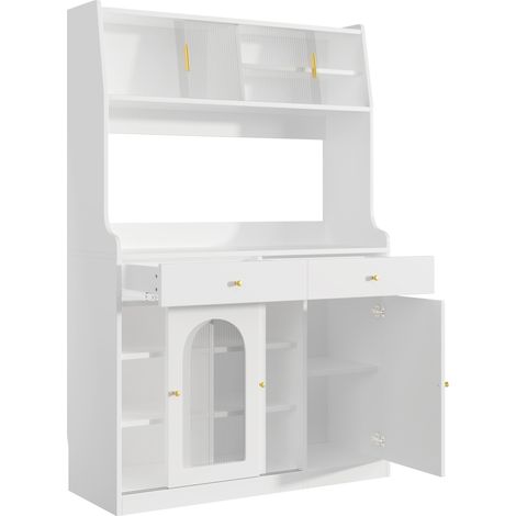 Aparador alto de cocina blanco con 2 cajones, estantes regulables e iluminación LED (1/5)