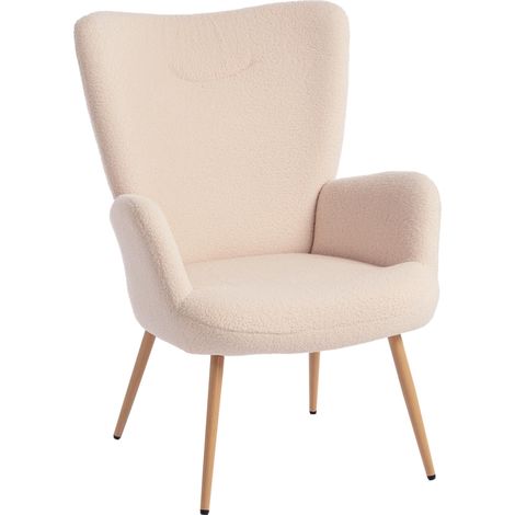 Fauteuil de salon, fauteuil d'appoint rembourré et tissu bouclette avec haut dossier et accessoires, 71x74x97,5cm, beige (1/5)