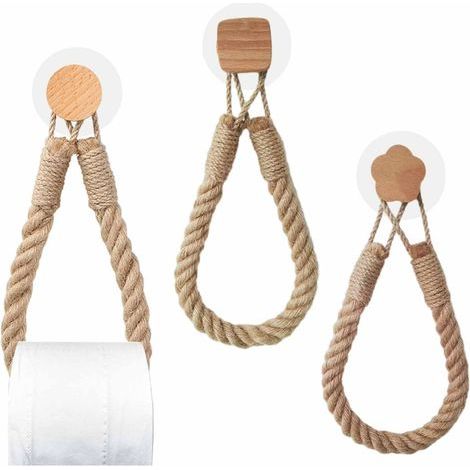 3Pcs Wall Mounted Toilet Paper Holder Rope Holder Toilet Roll Holder Vintage Wood and Metal and Hemp Rope (1/5)