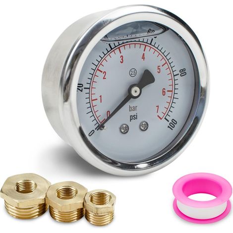1pcs 40mm manomètre BSP 1/8 "0-7 Bar 0100 PSI avec trois pièces manchon à 1/4 ", à 3/8 "et à 1/2 "et une bande de polytétrafluoroéthylène, axial (1/5)