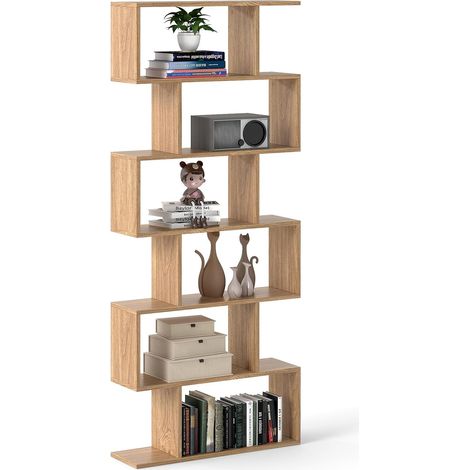 COSTWAY Libreria in Legno Scaffale Multifunzionale a 6 Ripiani per Piante e Libri per Ufficio Casa Ripiano a Forma di S, 80 x 23 x 192 cm (Naturale) (1/5)