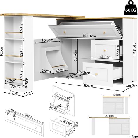 Table bar extensible avec rangement (138-204×39×105cm), buffet sideboard avec étagère snack, table haute télescopique, comptoir bistro, îlot de cuisine blanc (1/5)