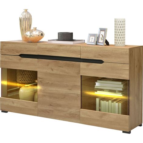 CHICFURN Credenza vetrina LED 140x35x80 cm in truciolare rovere con vano contenitore (1/5)