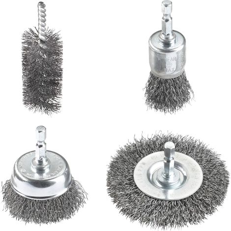 Jeu de brosses métalliques pour perceuses avec support E 6.3 en fil d'acier, embouts pour visseuse sans fil pour le métal, par ex. pour enlever la rouille ou la peinture, jeu (1/5)