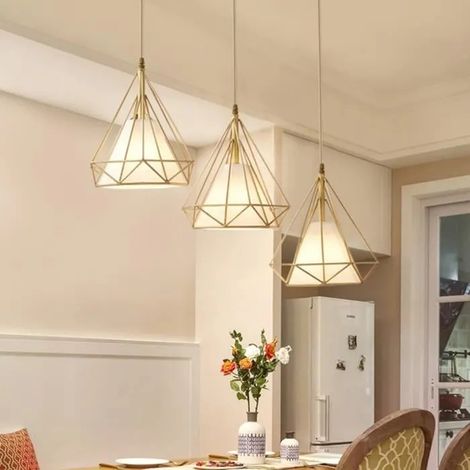 U-DO LOT DE 3 design Moderne Lustre Suspension forme Diamant en Métal Doré 25cm Lampe de Plafonde Intérieur pour Cuisine Bar (1/4)