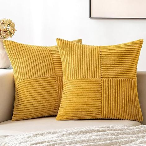 4er-Set Kissenbezüge, 45 x 45 cm, Cord, Bohemian-Stil, ästhetischer Look, geeignet für Sofa, Schlafzimmer, Wohnzimmer – leuchtendes Gelb