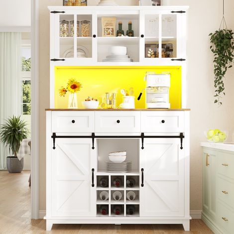 Meuble de cuisine (105×38.4×180cm), meuble haut de cuisine, vitrine, buffet avec étagères réglables, buffet avec éclairage LED, couleurs de lumière variables, blanc (1/5)