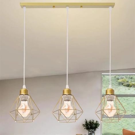 U-Do Lustre Suspension Rétro Industriel - Lampe Longue Pôle - 3 Têtes Lustre en Métal Doré - E27 Douille (Ampoule non Inclus) (1/4)