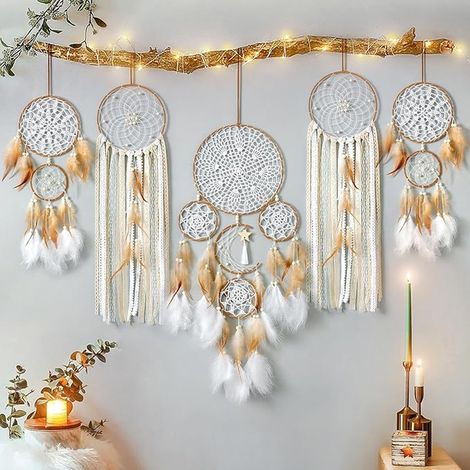 Moon Sun Dream Catchers Hanging Wall Decor Boho Wall Decor Handmade for Boys Girls Room Brown (1/5)
