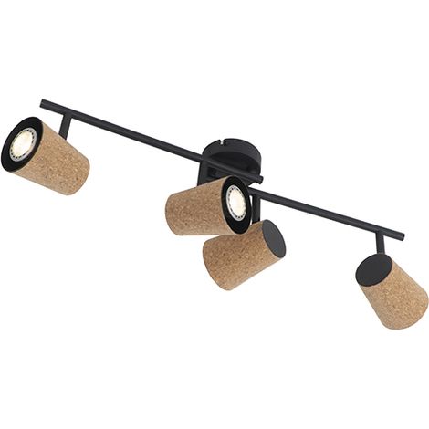 Qazqa – Plafonnier à spot 4 lumières orientables – Abat-jours en liège – Acier noir – Longueur 71.5 cm – Indice de protection IP20