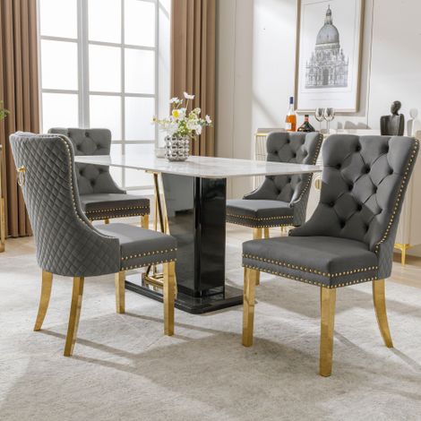 Lot de 4 Chaises Velours Grises Salle à Manger, Dossier Matelassé Losangé Clous Métalliques Pieds Acier Doré (1/5)