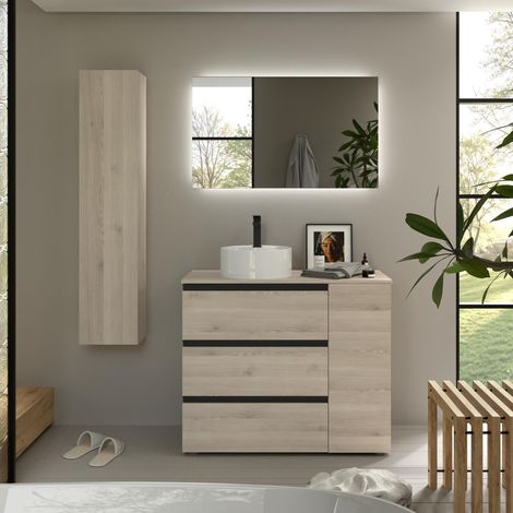 Mueble de Baño BEQUIA PLUS METAL 3C 90cm Natural Lavabo sobre encimera Porcelana lado reversible (1/5)