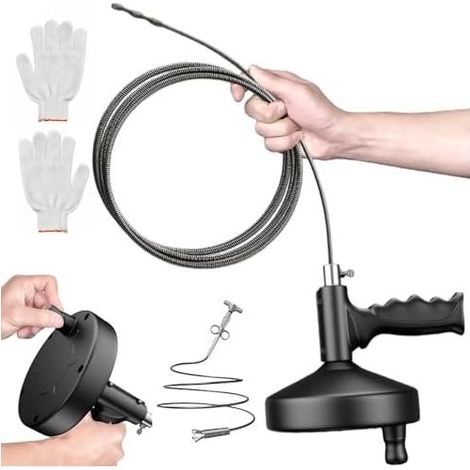 10 m lange Abflussreinigungsspirale, mit Bohradapter und Handschuhen, flexibles Rohrreinigungsset, professionelle Spirale für verstopfte Abwasserrohre, wiederverwendbar - (1/5)