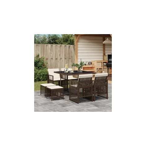 Ensemble à manger de jardin et coussins 9 pcs marron poly rotin (1/5)