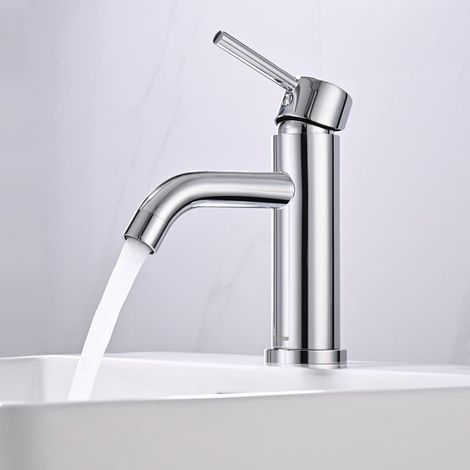Mitigeur de lavabo chromé sans rotation, cartouche céramique silencieuse, aérateur anti-éclaboussures (1/5)