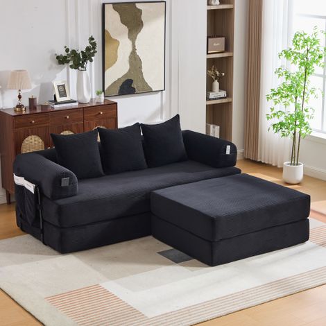 Modulares Cord-Kompressionssofa mit Hocker, stabilem Metallrahmen, Seitentasche und 3 bequemen Kissen – extra dicke Polsterung für mehr Komfort, frei kombinierbar und vielseitig einsetzbar.Schwarz