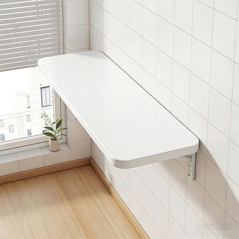 Table pliante murale, 80CM x 40 CM avec support en fer, bureau flottant pour les petits espaces, bureau a domicile, salle a manger, buanderie, cuisine, bar, blanc (1/5)