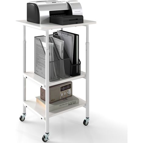 COSTWAY Height Adjustable Printer Stand 3-Tier Printer Cart w/Shelves-White