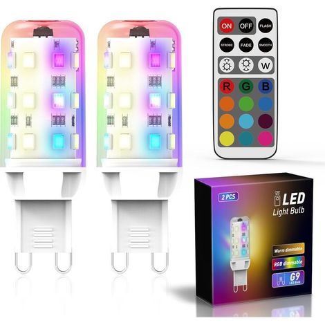 Lot 2 ampoules G9 LED RGB – 2,5W dimmables – 200 lm – Équivalent halogène 20W – Blanc chaud 3000K – Télécommande – Pour déco et soirées (1/5)