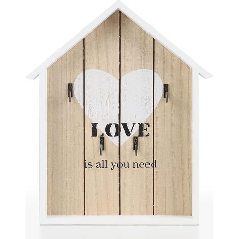 Boîte à clés en Bois, 29.5 21.5 3.5cm, Armoire à Clés Murale Décorative, Porte Clé Mural avec 6 Crochets pour Maison, Blanc, Love Modèle (1/5)